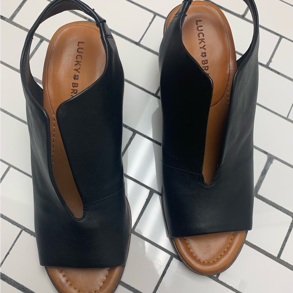 Lucky Brand Black Leather Rhazy Open Toe Shoes Size 8.5 - Picture 4 of 9